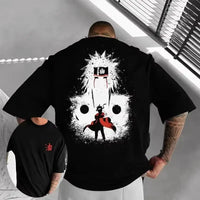 A high-quality Obito Uchiha T-shirt made of soft cotton, featuring a graphic anime print for men and boys, styled as parent-child casual wear.