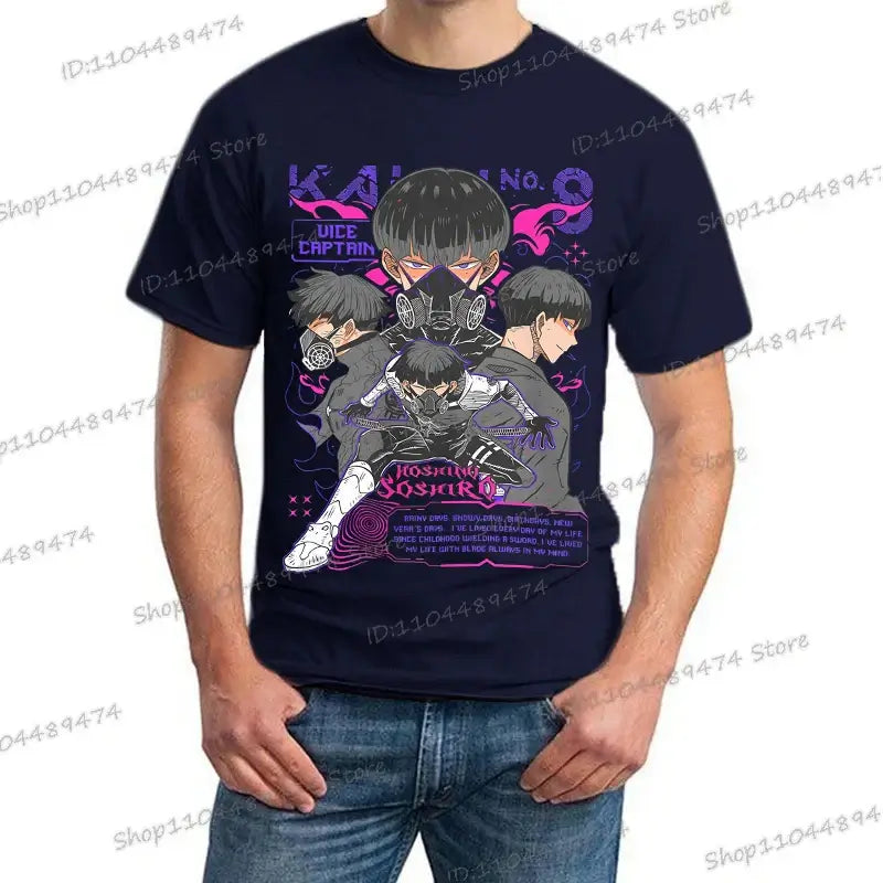 A trendy Y2K Anime Kaiju No 8 T-shirt with a creative Soshiro Hoshina print for men and women.
