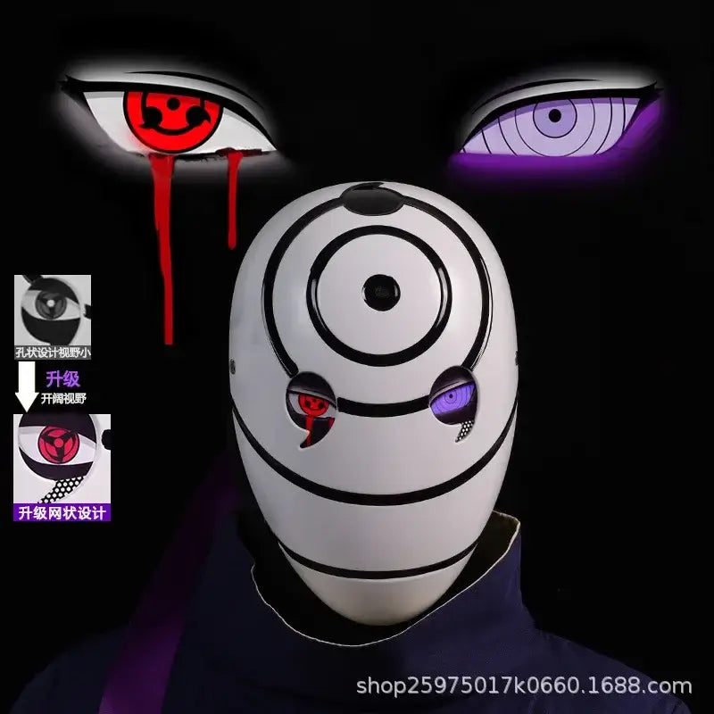 A highly imitative, high-gloss Obito Cosplay Mask featuring the Akatsuki Sharingan design for anime Halloween costumes and conventions.