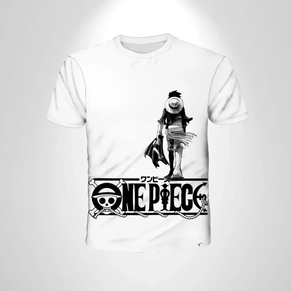A black loose-fit One Piece Luffy T-shirt featuring a cartoon cosplay graphic of Monkey D. Luffy for men and boys.