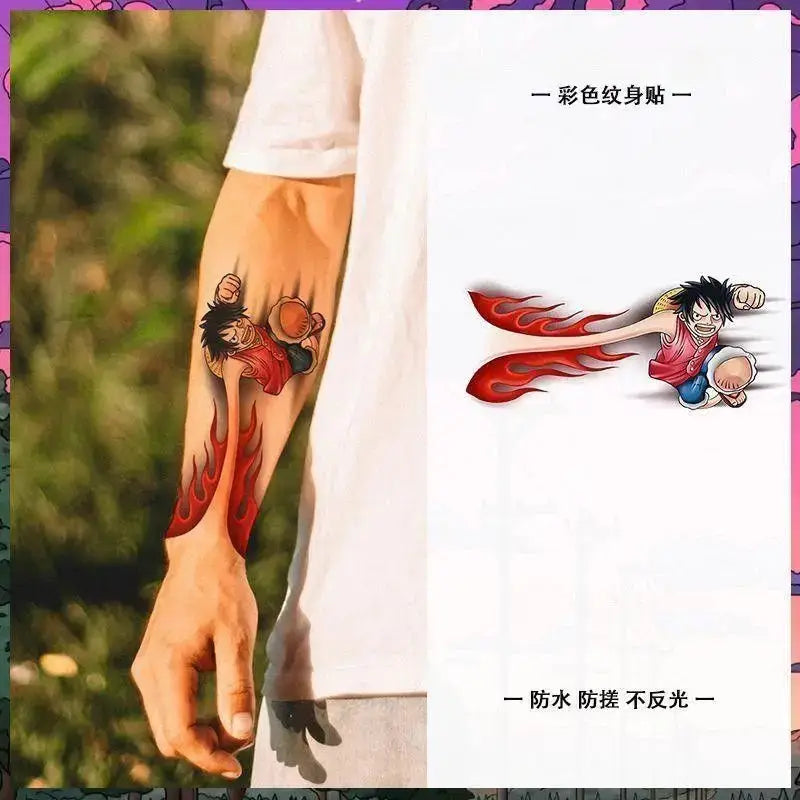 One Piece Temporary Tattoo Stickers illustration showing Luffy with fire fist design on a forearm.