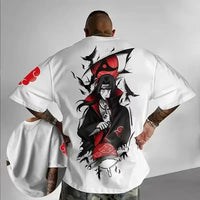 A high-quality Obito Uchiha T-shirt made of soft cotton, featuring a graphic anime print for men and boys, styled as parent-child casual wear.