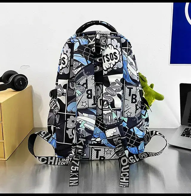 A high-capacity One Piece Luffy Backpack featuring a vibrant graffiti print of Monkey D. Luffy, designed as a durable school bag for middle and high students.