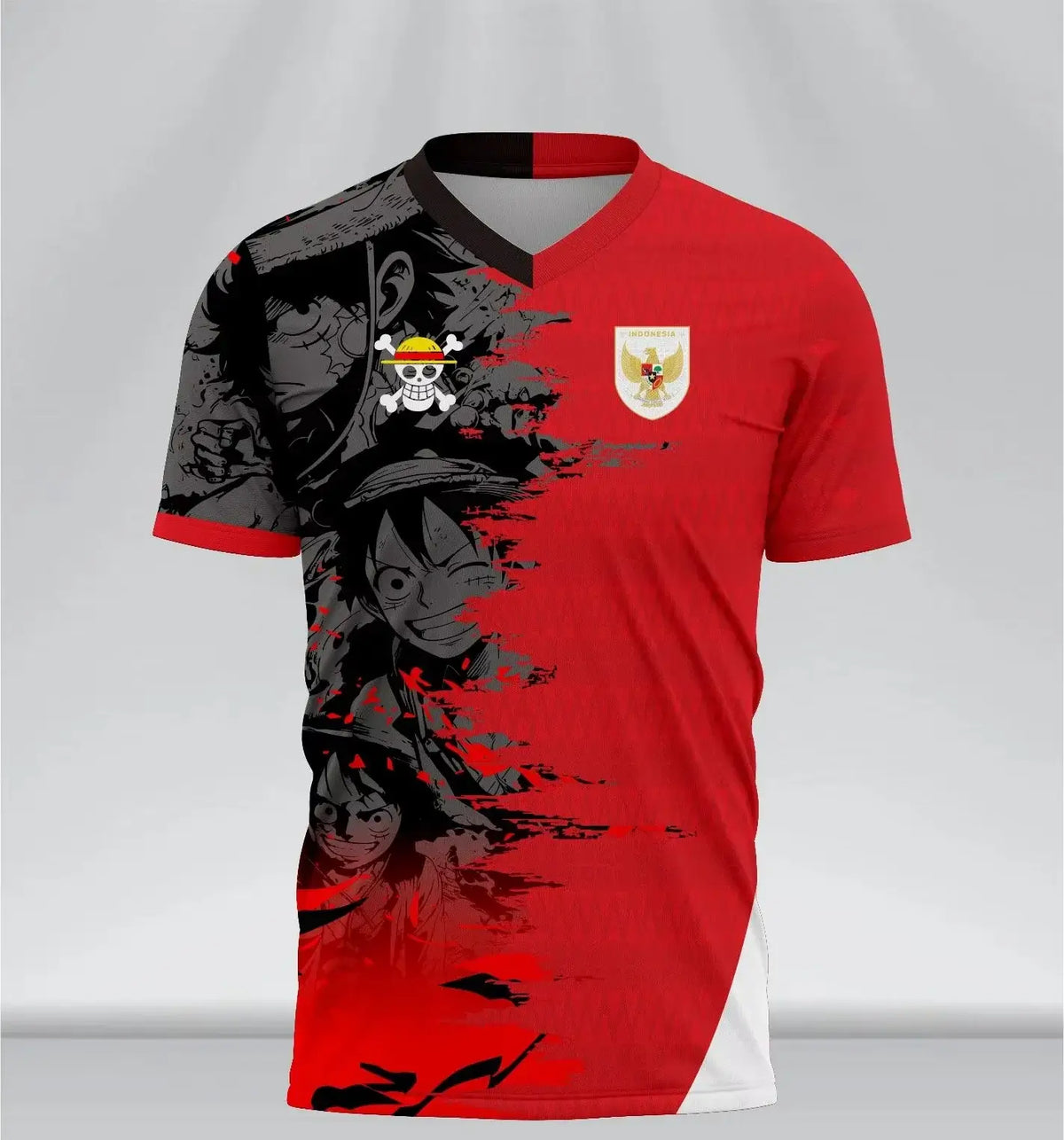 Luffy One Piece Indonesia Jersey oversized anime shirt with a vibrant red design and 3D print for adults and kids.
