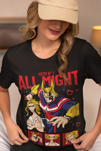 A premium All Might T-shirt featuring a manga armor strip graphic of All Might and Hawks, designed as a gift for My Hero Academia fans.