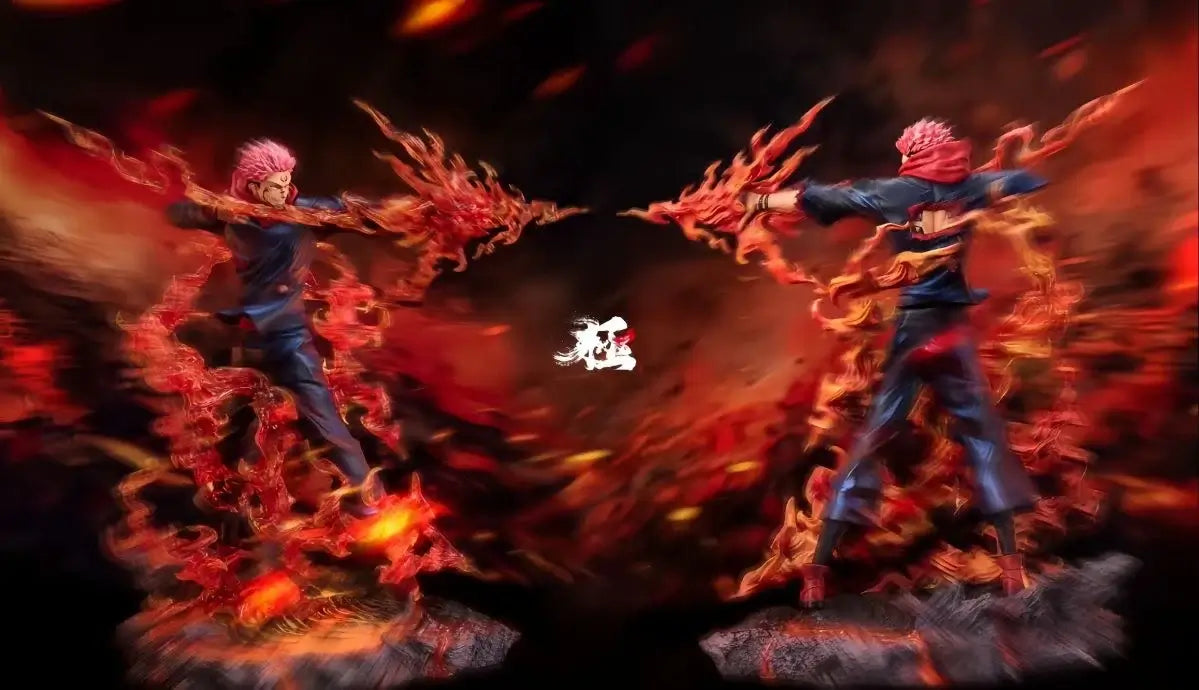 A highly detailed Ryomen Sukuna Figure made of premium PVC, showcasing the Jujutsu Kaisen King of Curses in an extreme battle stance for desktop decoration.