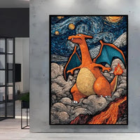 A stunning Van Gogh Pokemon Wall Art piece featuring Pikachu painted in a Starry Night impressionist style for unique home decoration.