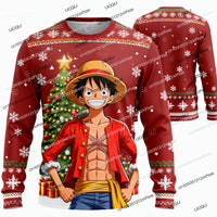 A festive Luffy Christmas Long Sleeve t-shirt featuring One Piece anime art, designed as a holiday gift for men, women, and kids.