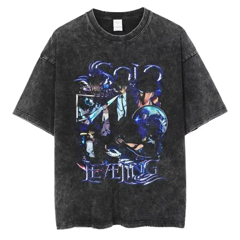 A hot unisex and plus size Solo Leveling Sung Jin-Woo Printed T Shirt in a washed cotton Harajuku style.