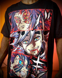 A couple wearing matching oversized Demon Slayer Graphic T Shirts in a hip hop, Y2K streetwear style.