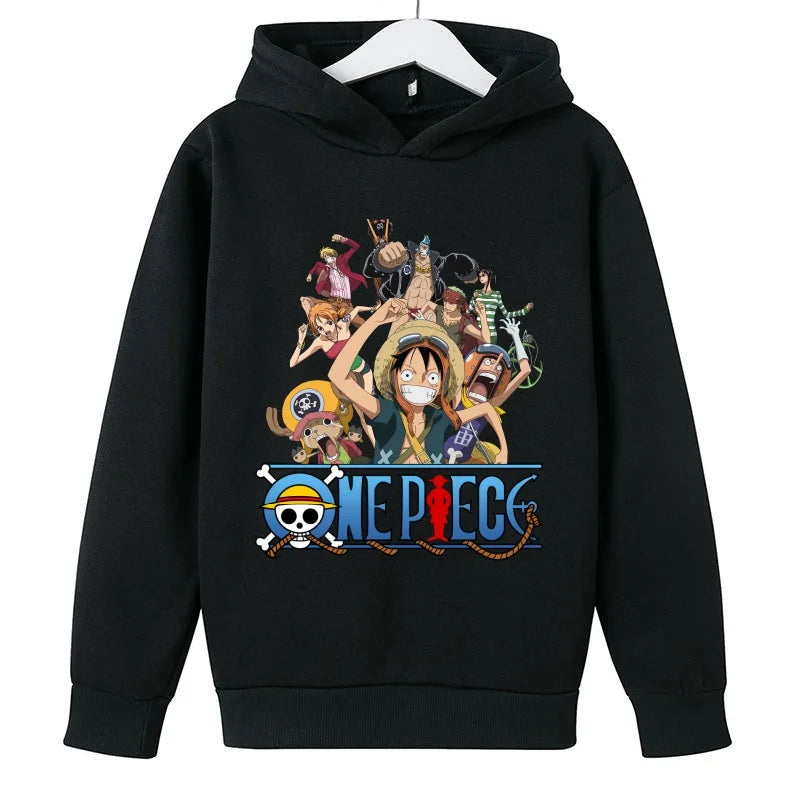 A trendy One Piece Kids Hoodie featuring cartoon graphic prints of Luffy and Zoro, designed as a casual spring and autumn pullover for children.