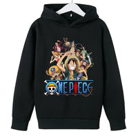 A trendy One Piece Kids Hoodie featuring cartoon graphic prints of Luffy and Zoro, designed as a casual spring and autumn pullover for children.