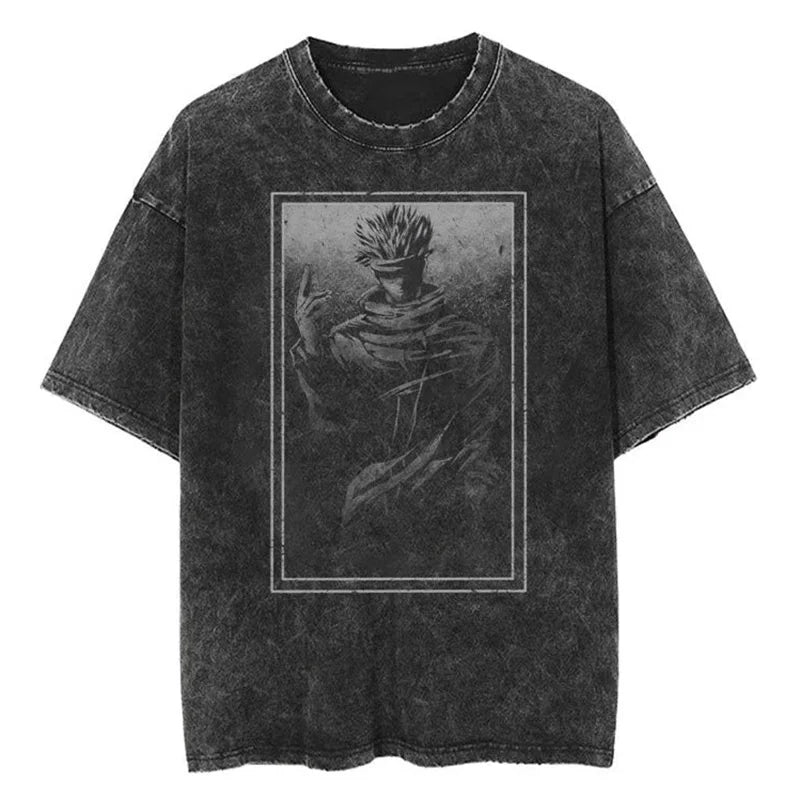 Yuji and Sukuna Split Face T-Shirt featuring a stylized graphic in washed black cotton, short sleeves.