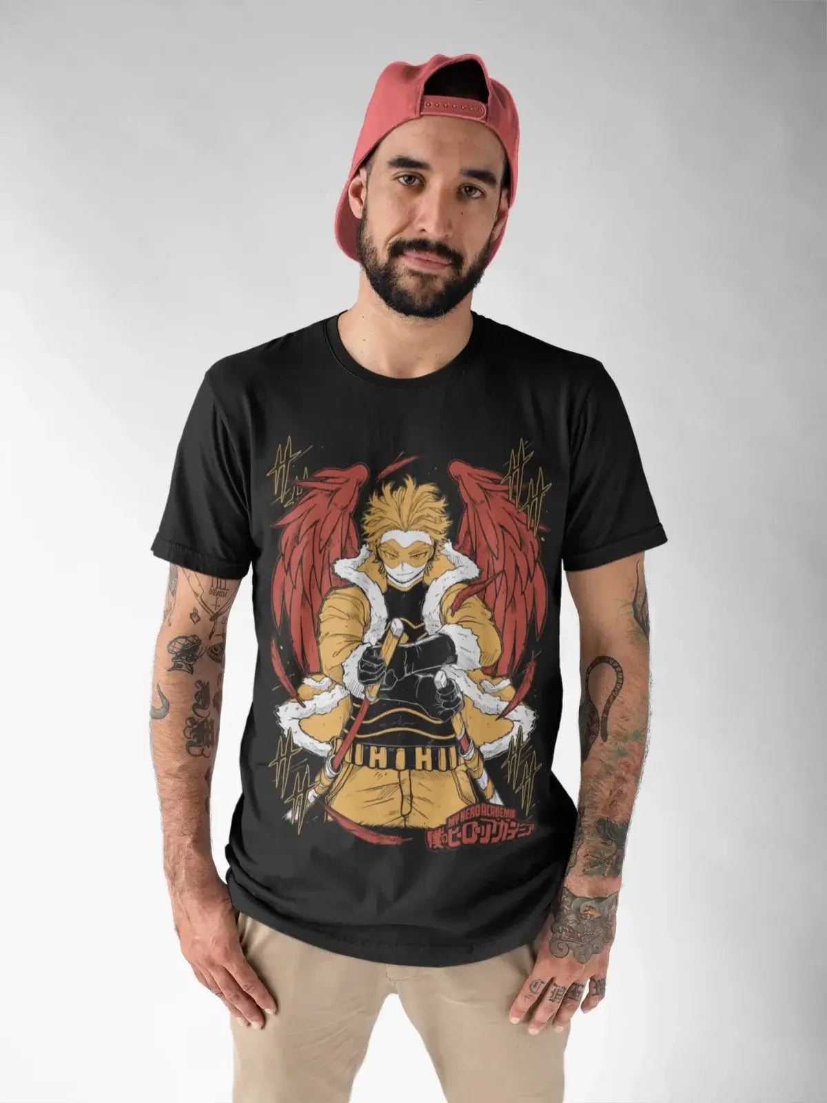 A premium Wing Hero Hawks T-Shirt featuring a dynamic anime graphic of Keigo Takami with red wings, styled as casual manga fashion.