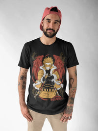 A premium Wing Hero Hawks T-Shirt featuring a dynamic anime graphic of Keigo Takami with red wings, styled as casual manga fashion.