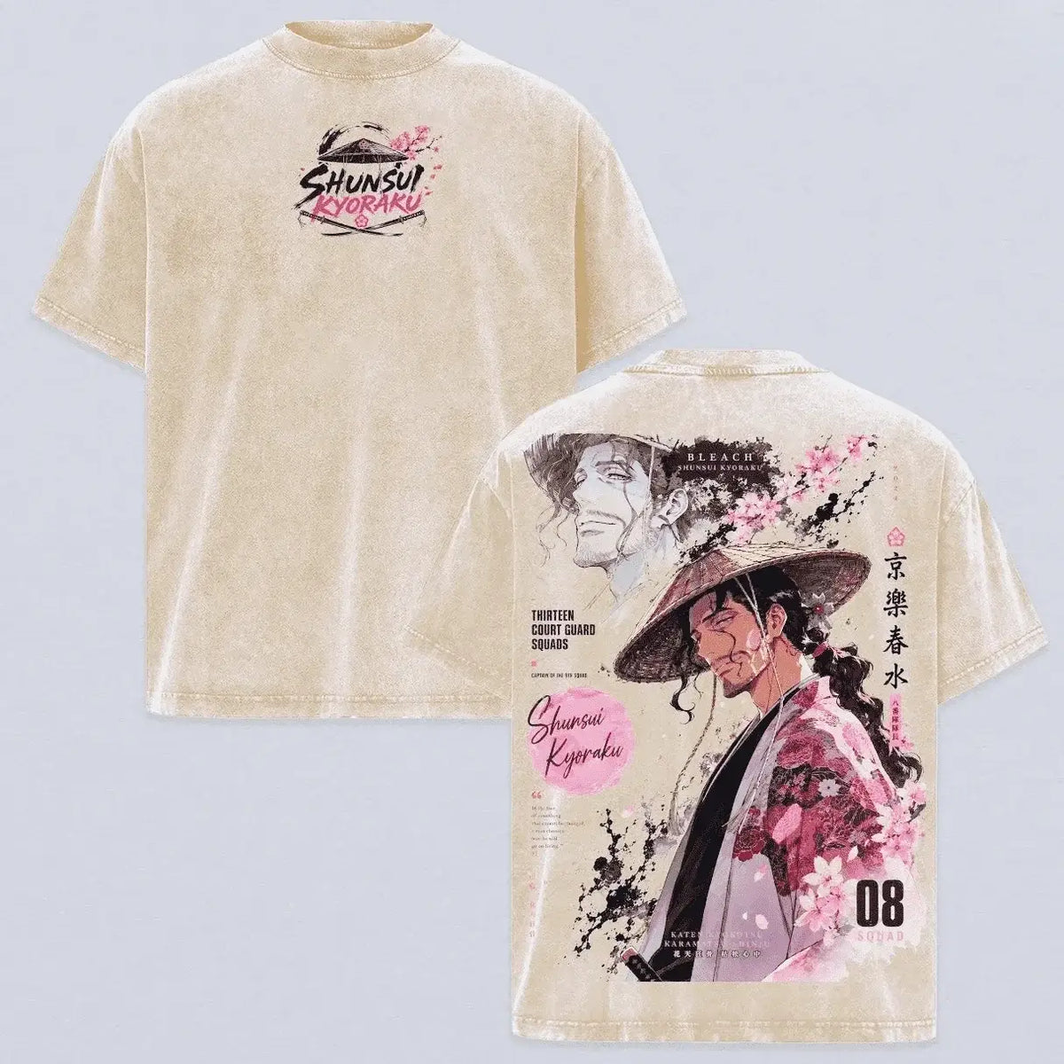 Kyoraku Shunsui Bleach Harajuku Vintage Washed T-Shirt featuring bold graphics and soft cotton fabric.