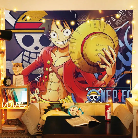 A large One Piece Luffy Tapestry hanging on a bedroom wall, featuring vibrant anime graphic art for men's room decoration.