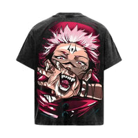 Ryomen Sukuna Jujutsu Kaisen Vintage Washed T-Shirt with vibrant graphic design on back, showcasing the character's fierce expression.