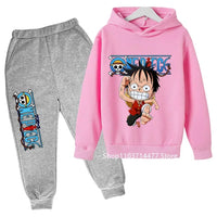 A comfortable One Piece Hoodie Set for kids featuring Monkey D. Luffy anime graphics, including a hoodie and pants 2-piece sports suit.
