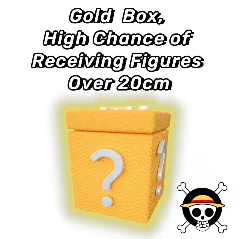 A One Piece Mystery Box containing a random collectible action figure ranging from 10cm to 30cm, featuring Luffy Gear 5 and Yonko silhouettes.