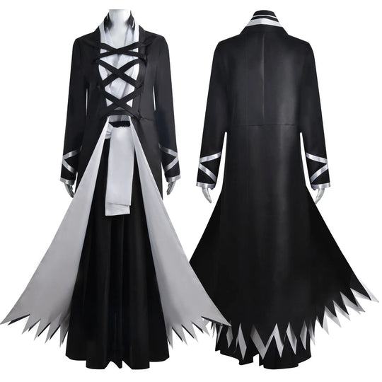 Ichigo Kurosaki Cosplay Costume featuring black and white design, perfect for BLEACH fans, polyester-spandex material, available in sizes S to 3XL.