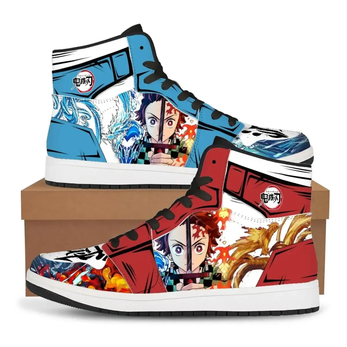 High-top Demon Slayer Sneakers featuring Tanjiro Kamado and Nezuko Kamado anime designs, styled as fashionable basketball shoes for men and women.