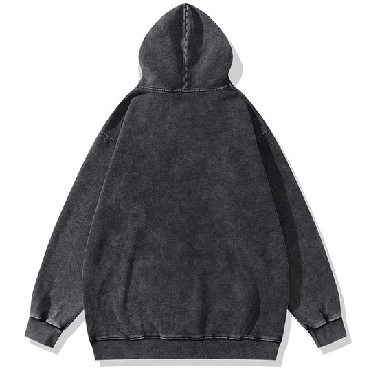 One Piece Vintage Washed Oversized Hoodie back view, black cotton streetwear with a loose fit and hood.