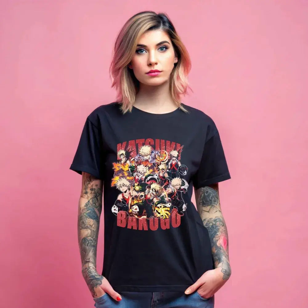 A premium Katsuki Bakugo T-Shirt featuring explosive manga panel art from My Hero Academia, designed as a trendy MHA anime gift.