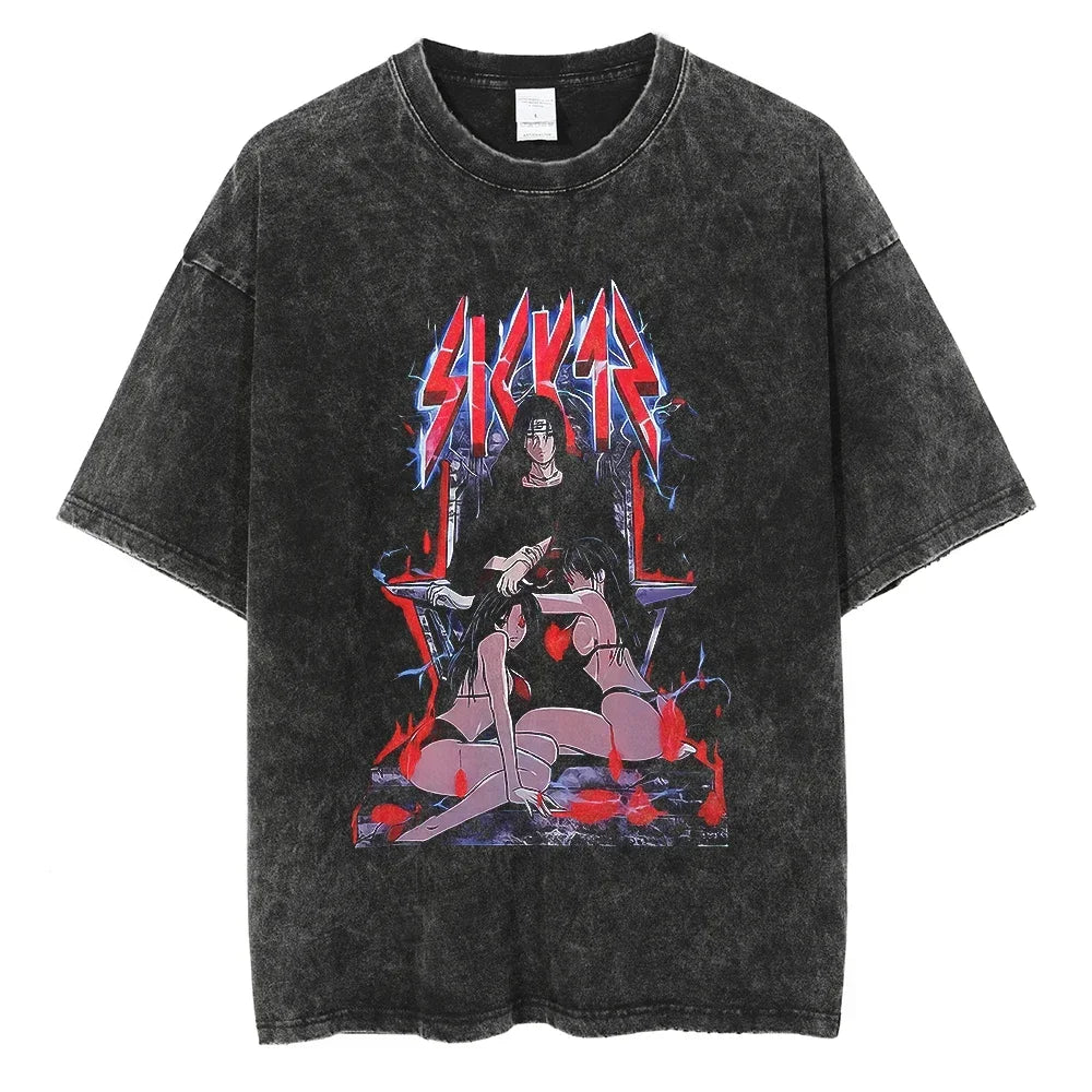 Men's vintage Naruto Rock Lee Streetwear T Shirt in a washed black style, featuring an anime graphic of the taijutsu master.
