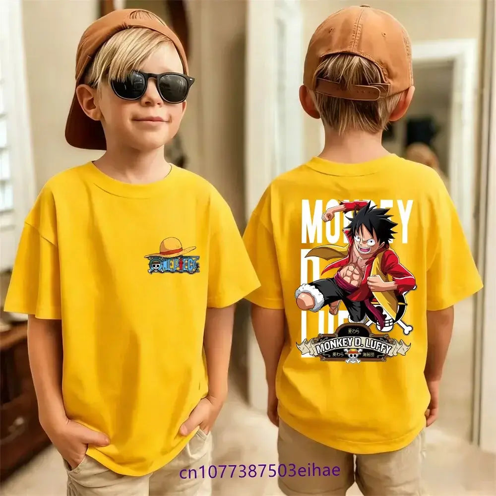 One Piece kids t-shirt Luffy being worn by child model summer outfit boys streetwear