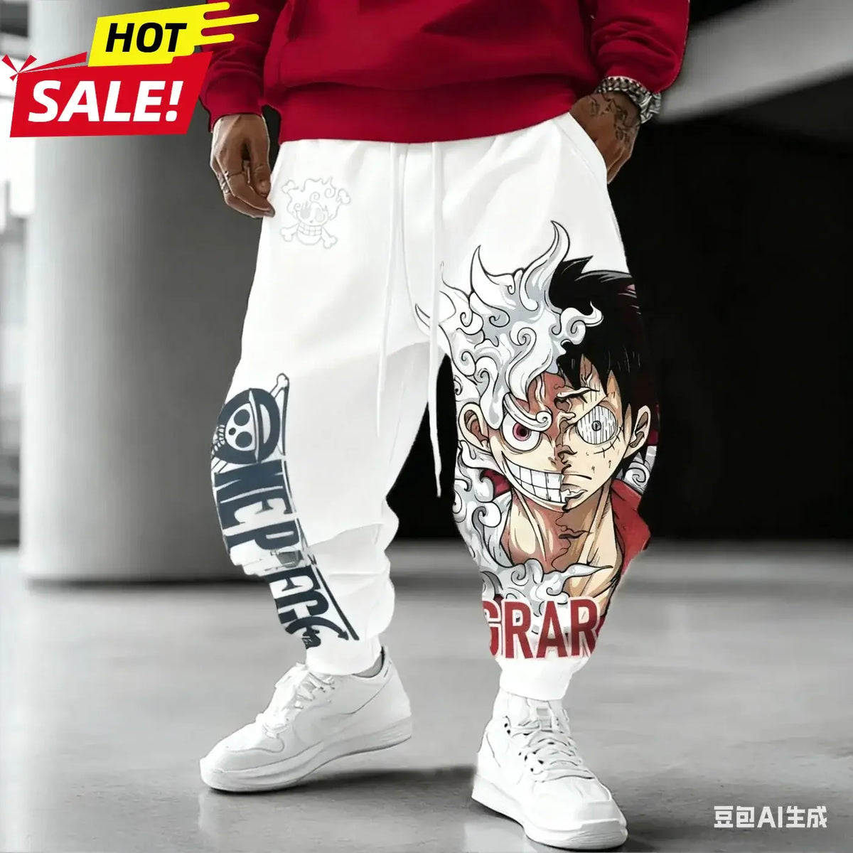 Unisex Luffy Gear 5 Pants made of thick winter cotton, featuring Sun God Nika anime graphics and cuffed ankles for Harajuku streetwear style.