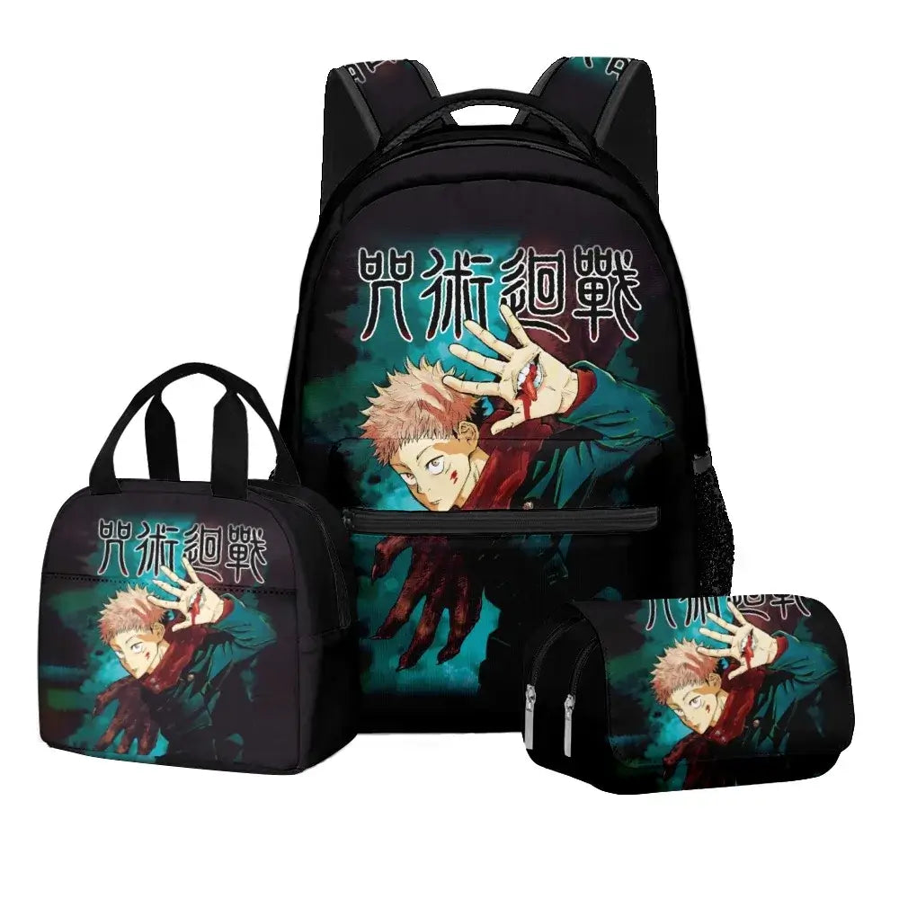 A 3-piece Jujutsu Kaisen Backpack Set featuring a digital print schoolbag, thermal lunch bag, and 2-layer pencil case for boys.