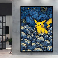 A stunning Van Gogh Pokemon Wall Art piece featuring Pikachu painted in a Starry Night impressionist style for unique home decoration.
