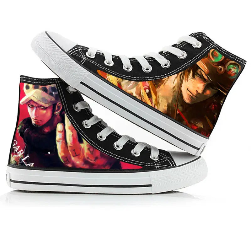 Trendy One Piece High-Top Canvas Shoes featuring creative anime pictures of Luffy, Zoro, Ace, and Chopper for men and women.