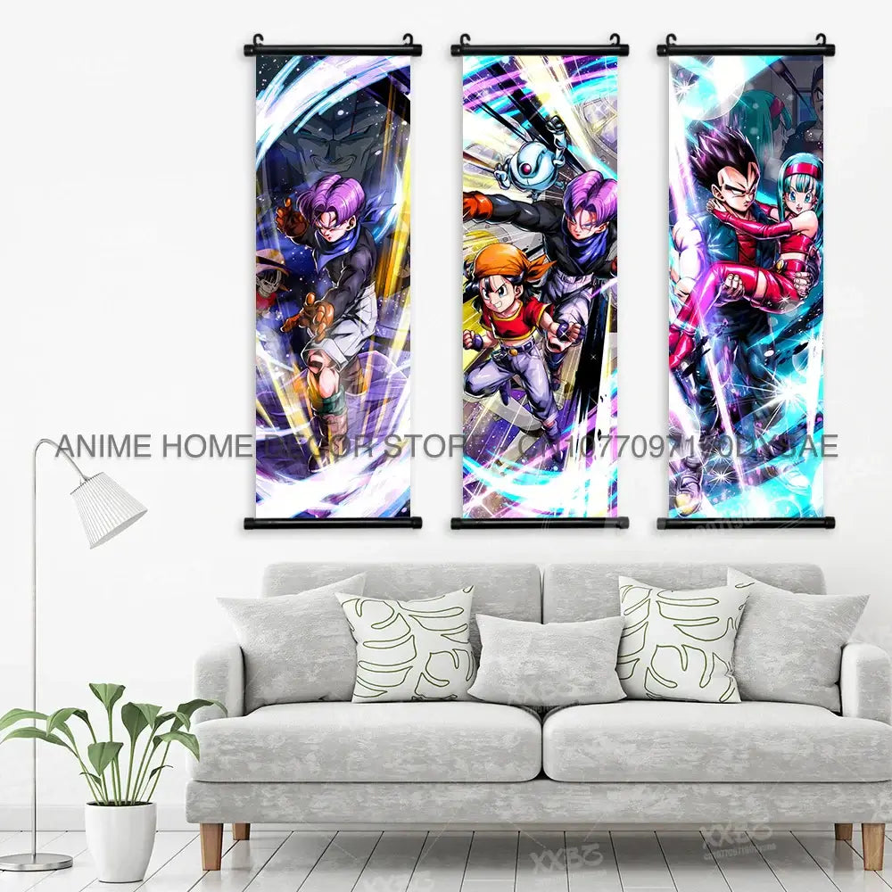 High-definition Dragon Ball Posters hanging scroll wall art featuring Son Goku, Vegeta, and Frieza printed on canvas for home decor.