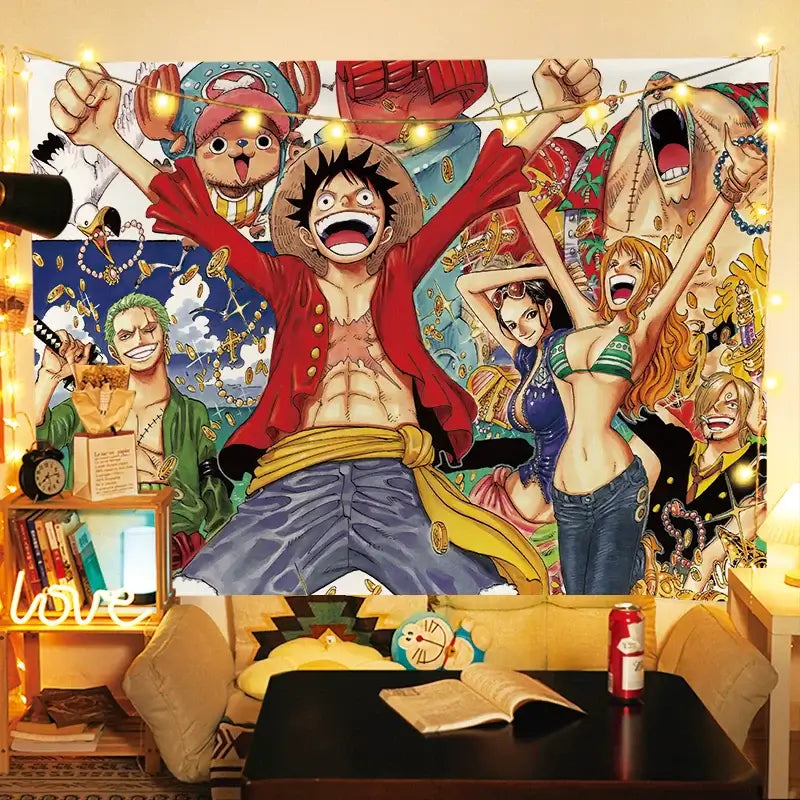 A large One Piece Luffy Tapestry hanging on a bedroom wall, featuring vibrant anime graphic art for men's room decoration.
