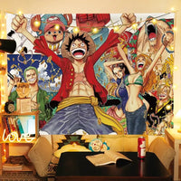 A large One Piece Luffy Tapestry hanging on a bedroom wall, featuring vibrant anime graphic art for men's room decoration.
