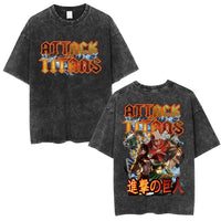 An oversized Attack on Titan Washed T-shirt featuring a vintage Levi Ackerman graphic, a stylish streetwear item for men and women.