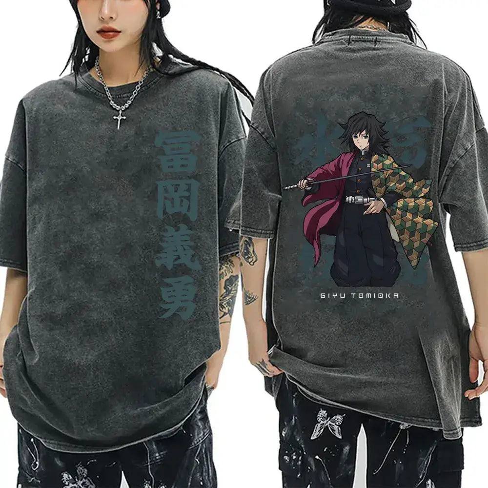 A vintage washed Demon Slayer Serpent Hashira Iguro Obanai T Shirt in a casual, oversized style for men and women.