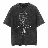 Yuji and Sukuna Split Face T-Shirt featuring a retro-style design on washed cotton fabric.