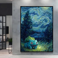 A stunning Van Gogh Pokemon Wall Art piece featuring Pikachu painted in a Starry Night impressionist style for unique home decoration.