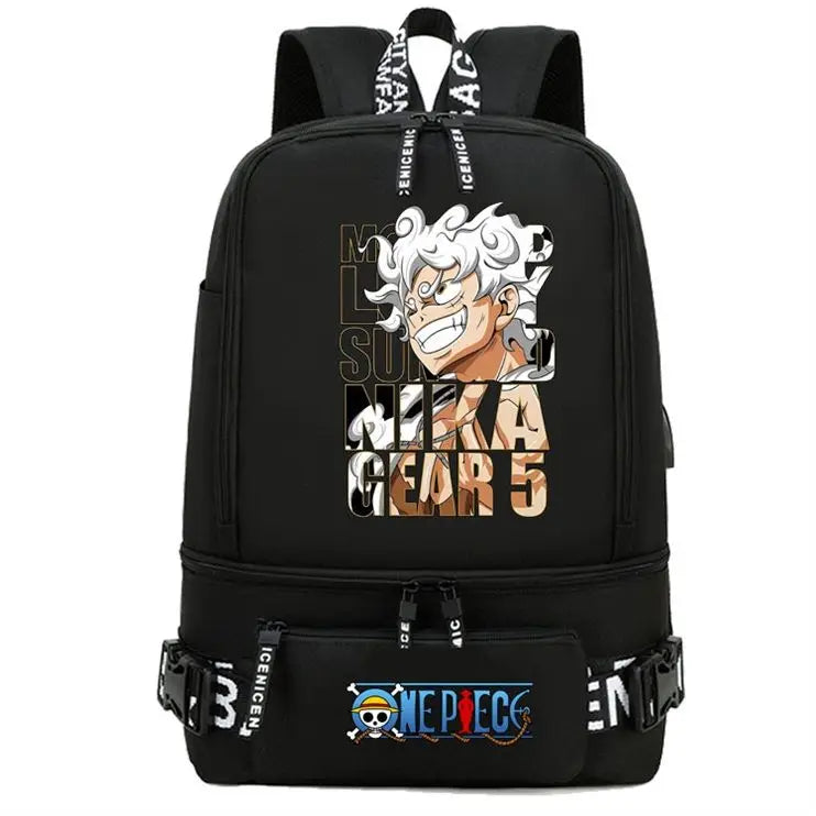 One Piece Anime Polyester School Travel Backpack featuring Nika Gear 5 design for students and fans.