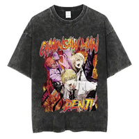 A vintage-washed black Chainsaw Man T-Shirt made of soft cotton, featuring a Denji graphic print, designed as oversized Harajuku streetwear.