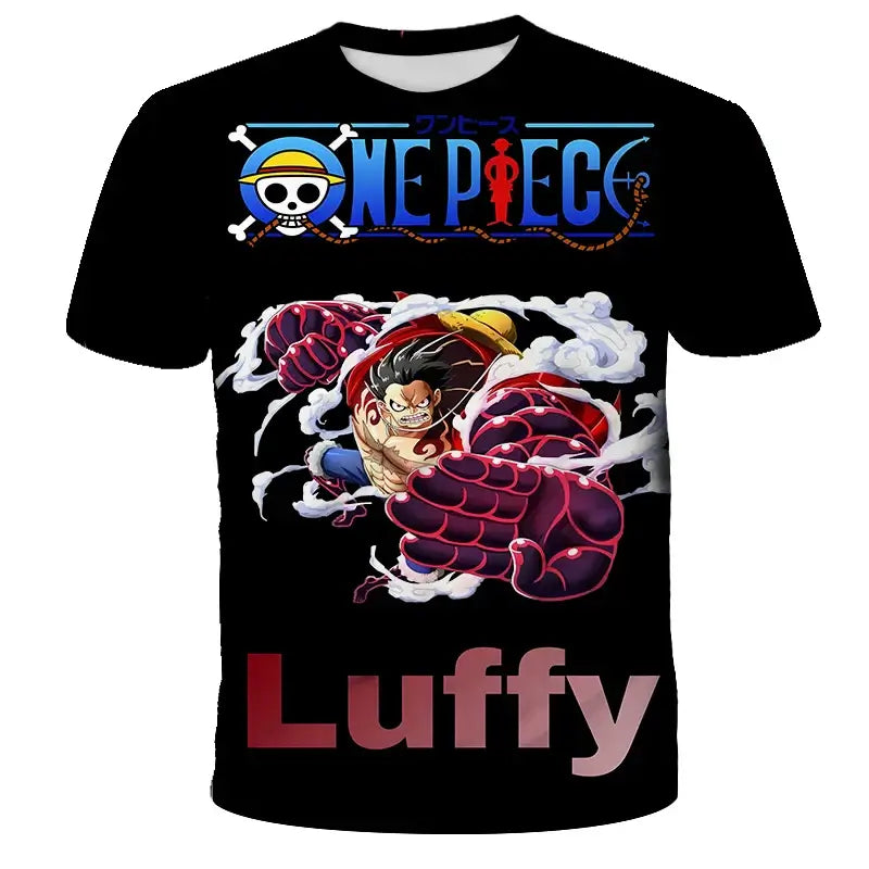A breathable One Piece Luffy T-shirt featuring a cartoon graphic, designed as a loose-fit casual top for men and boys.