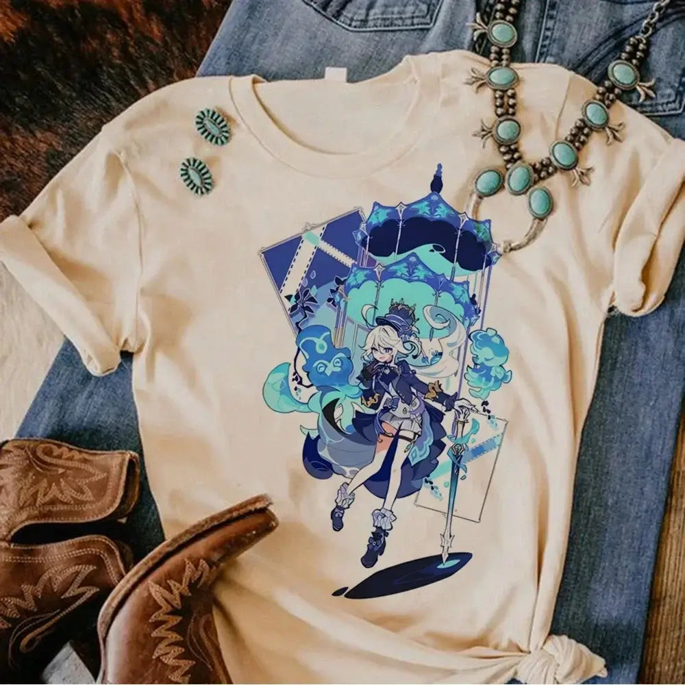A woman wearing a funny Y2k Genshin Impact Furina T-Shirt with a comic anime design.