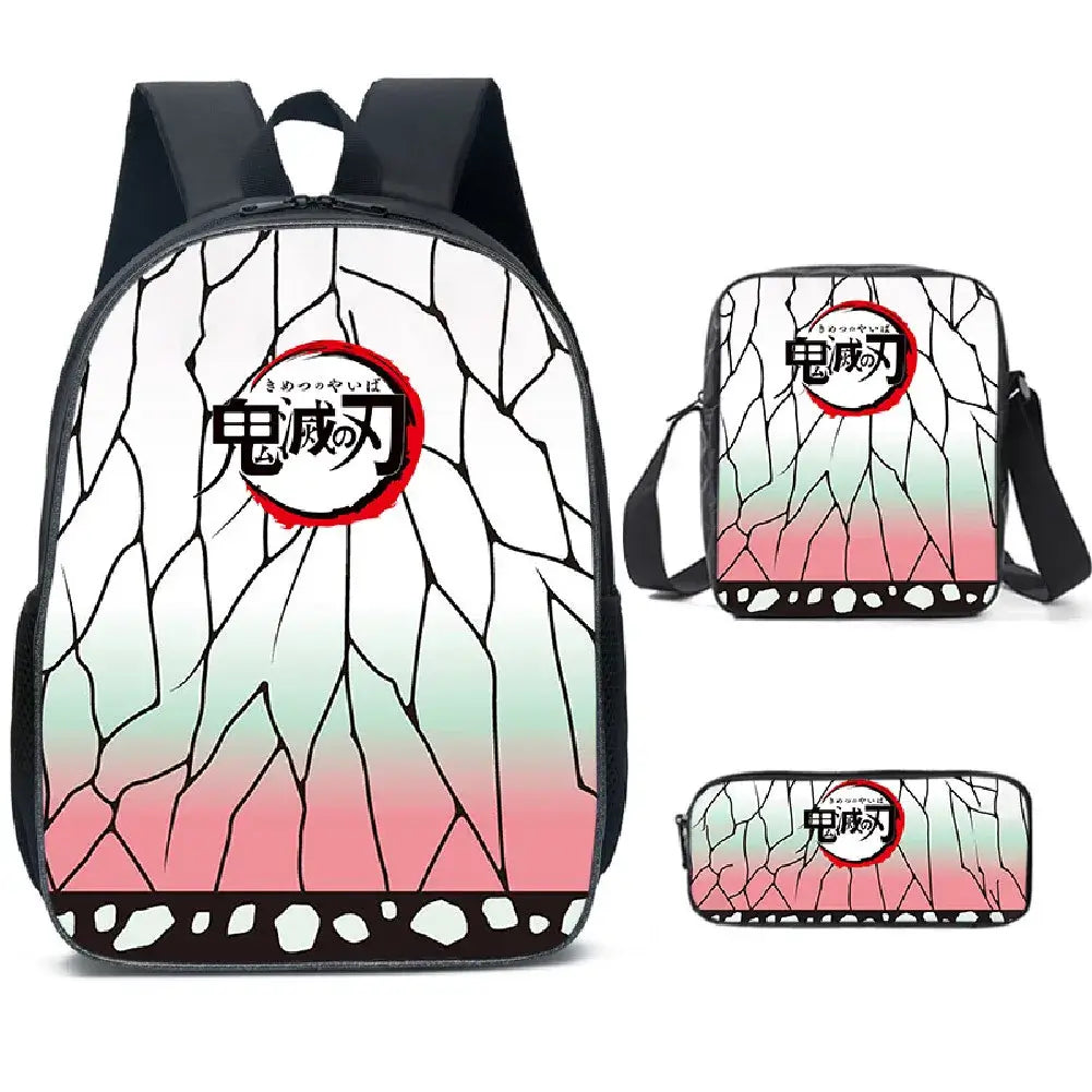 A pink Demon Slayer Backpack 3-piece set featuring Kamado Nezuko anime art, including a schoolbag, shoulder bag, and pencil case for students.