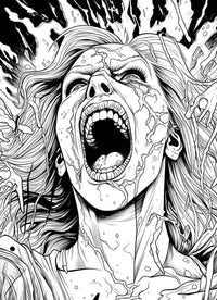 A detailed, comic-style horror coloring page of a possessed woman with cracked skin and wild hair, screaming in terror or agony as monstrous hands grab at her.