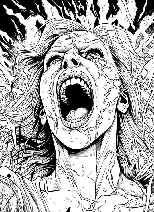 A detailed, comic-style horror coloring page of a possessed woman with cracked skin and wild hair, screaming in terror or agony as monstrous hands grab at her.