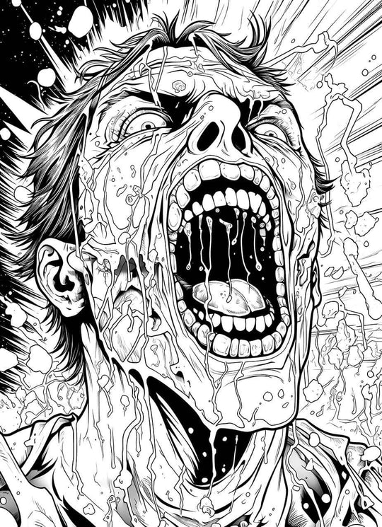 A high-energy, manga-style horror coloring page of a man's face screaming in terror as his skin melts and splatters against a dynamic, explosive background.