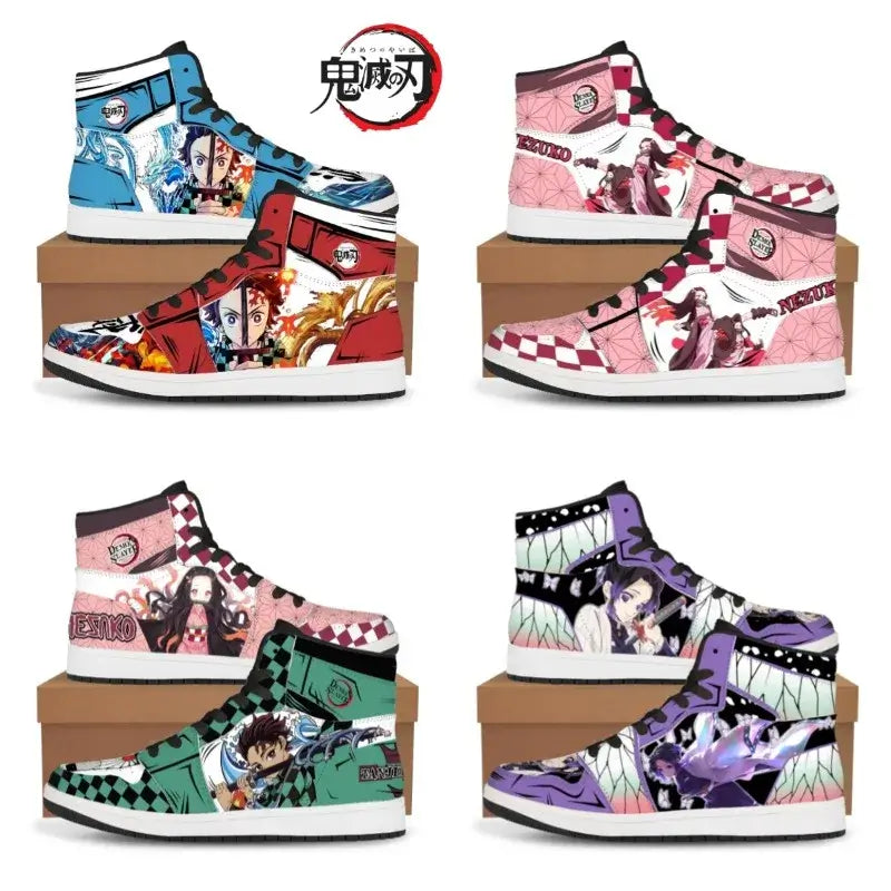 High-top Demon Slayer Sneakers featuring Tanjiro Kamado and Nezuko Kamado anime designs, styled as fashionable basketball shoes for men and women.